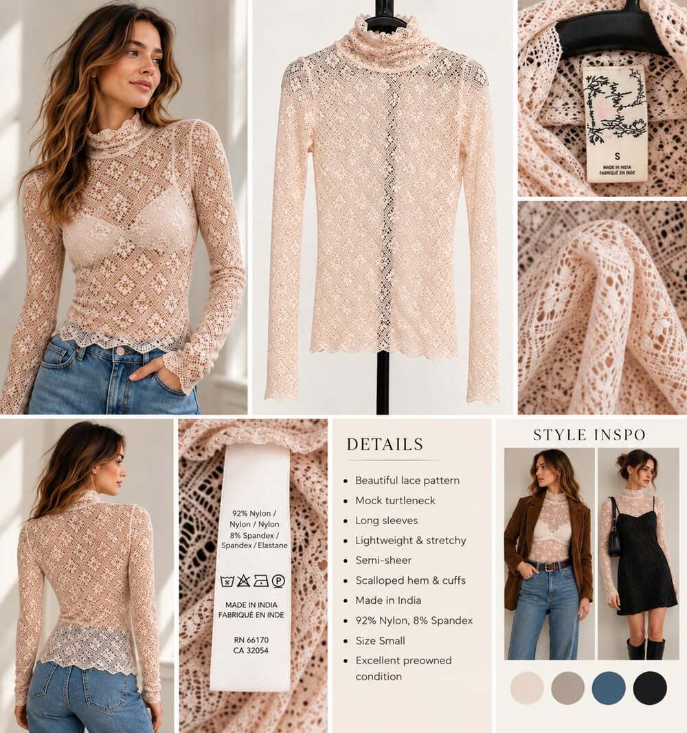 Free People Lace Mock Turtleneck Top Size S Pink Long Sleeve Sheer